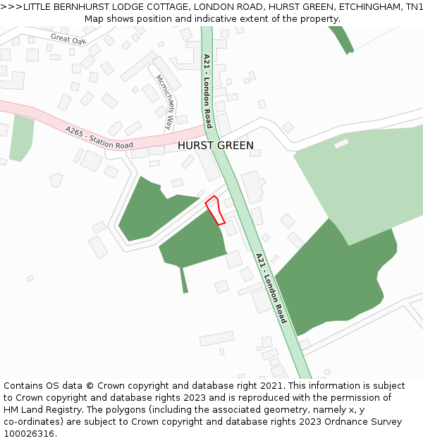 LITTLE BERNHURST LODGE COTTAGE, LONDON ROAD, HURST GREEN, ETCHINGHAM, TN19 7PN: Location map and indicative extent of plot