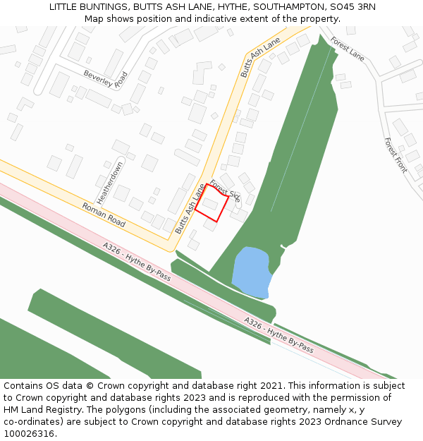 LITTLE BUNTINGS, BUTTS ASH LANE, HYTHE, SOUTHAMPTON, SO45 3RN: Location map and indicative extent of plot