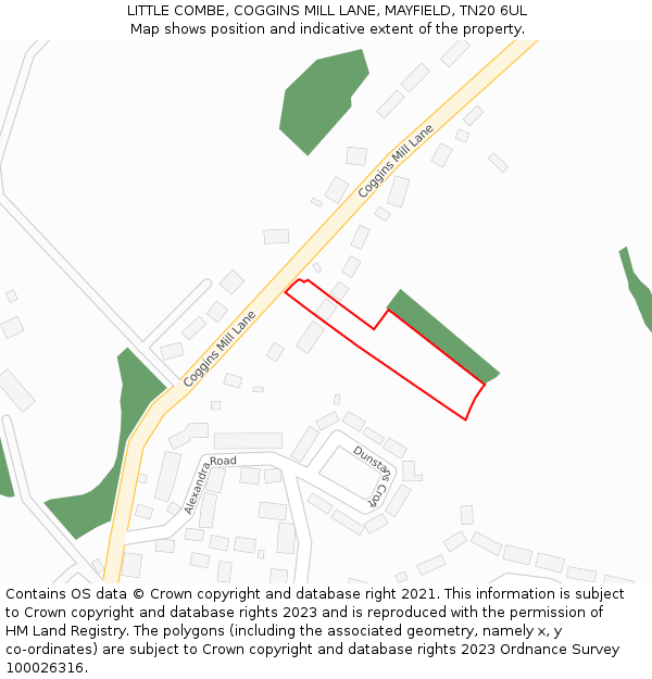 LITTLE COMBE, COGGINS MILL LANE, MAYFIELD, TN20 6UL: Location map and indicative extent of plot