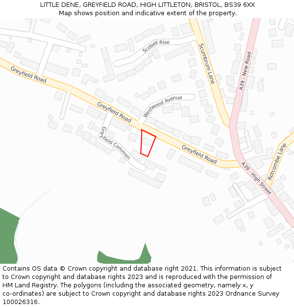 LITTLE DENE, GREYFIELD ROAD, HIGH LITTLETON, BRISTOL, BS39 6XX: Location map and indicative extent of plot