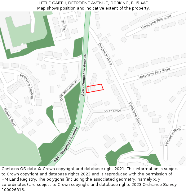 LITTLE GARTH, DEEPDENE AVENUE, DORKING, RH5 4AF: Location map and indicative extent of plot