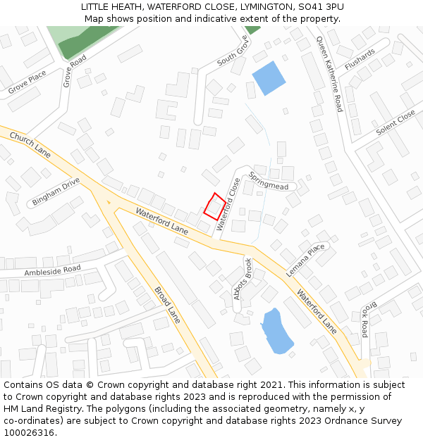 LITTLE HEATH, WATERFORD CLOSE, LYMINGTON, SO41 3PU: Location map and indicative extent of plot