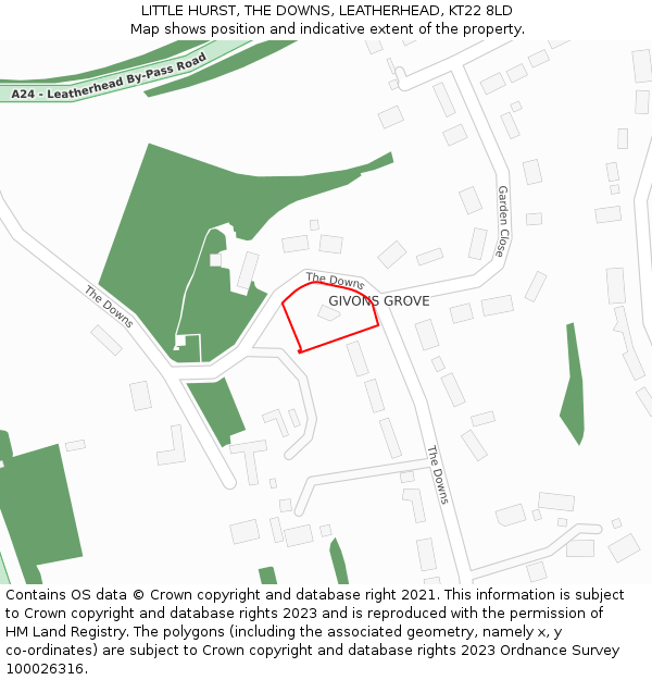LITTLE HURST, THE DOWNS, LEATHERHEAD, KT22 8LD: Location map and indicative extent of plot