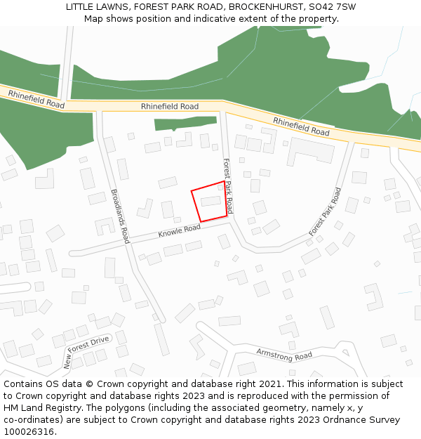LITTLE LAWNS, FOREST PARK ROAD, BROCKENHURST, SO42 7SW: Location map and indicative extent of plot
