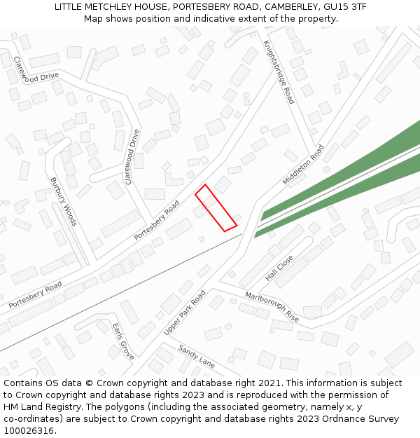 LITTLE METCHLEY HOUSE, PORTESBERY ROAD, CAMBERLEY, GU15 3TF: Location map and indicative extent of plot