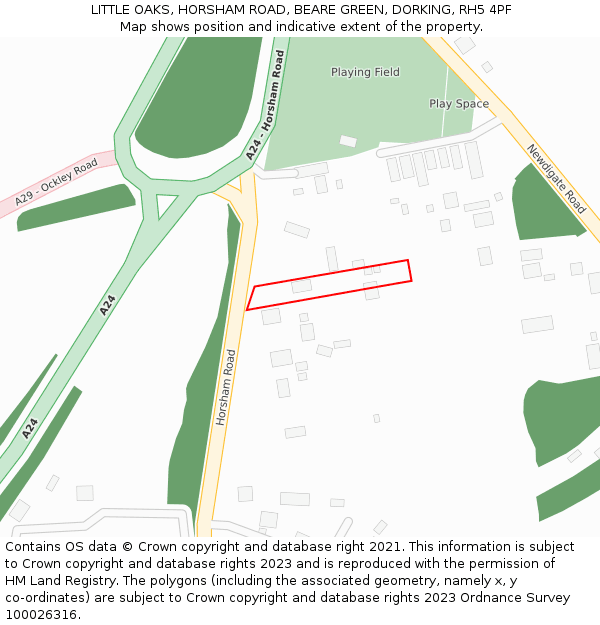 LITTLE OAKS, HORSHAM ROAD, BEARE GREEN, DORKING, RH5 4PF: Location map and indicative extent of plot