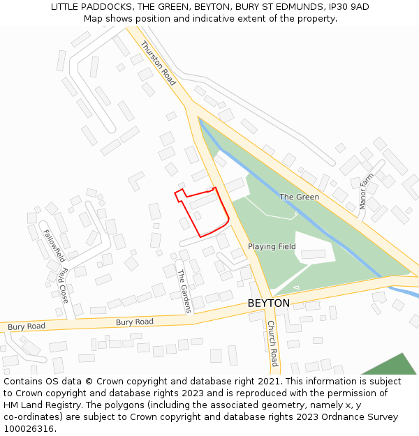LITTLE PADDOCKS, THE GREEN, BEYTON, BURY ST EDMUNDS, IP30 9AD: Location map and indicative extent of plot