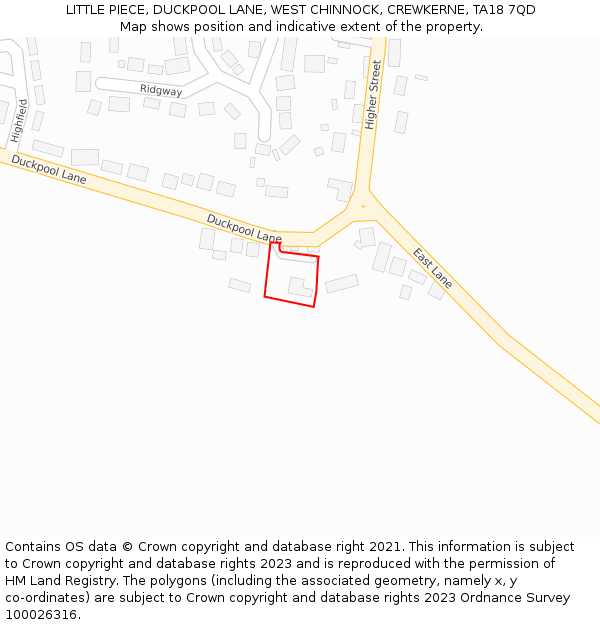 LITTLE PIECE, DUCKPOOL LANE, WEST CHINNOCK, CREWKERNE, TA18 7QD: Location map and indicative extent of plot