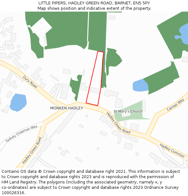 LITTLE PIPERS, HADLEY GREEN ROAD, BARNET, EN5 5PY: Location map and indicative extent of plot