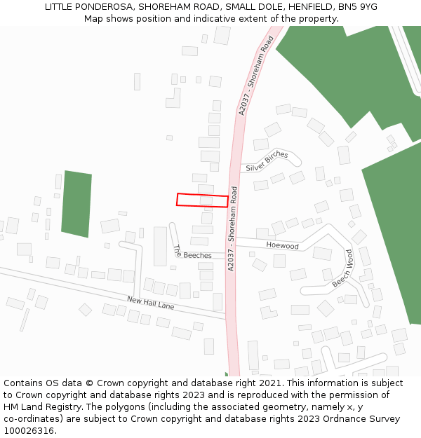 LITTLE PONDEROSA, SHOREHAM ROAD, SMALL DOLE, HENFIELD, BN5 9YG: Location map and indicative extent of plot