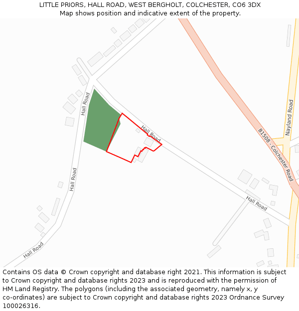 LITTLE PRIORS, HALL ROAD, WEST BERGHOLT, COLCHESTER, CO6 3DX: Location map and indicative extent of plot