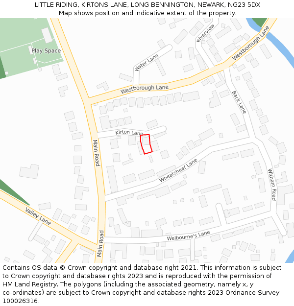 LITTLE RIDING, KIRTONS LANE, LONG BENNINGTON, NEWARK, NG23 5DX: Location map and indicative extent of plot