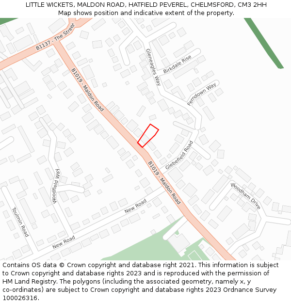 LITTLE WICKETS, MALDON ROAD, HATFIELD PEVEREL, CHELMSFORD, CM3 2HH: Location map and indicative extent of plot