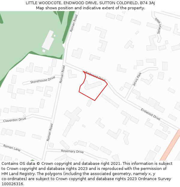 LITTLE WOODCOTE, ENDWOOD DRIVE, SUTTON COLDFIELD, B74 3AJ: Location map and indicative extent of plot