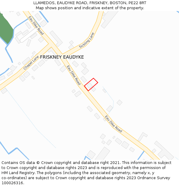 LLAMEDOS, EAUDYKE ROAD, FRISKNEY, BOSTON, PE22 8RT: Location map and indicative extent of plot