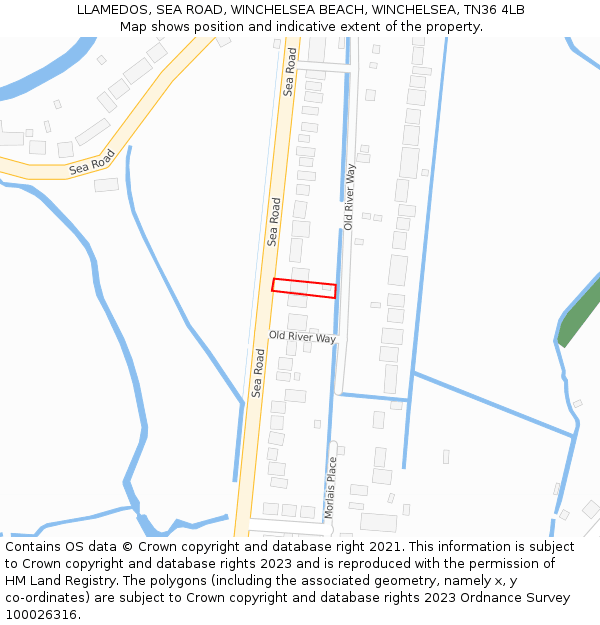 LLAMEDOS, SEA ROAD, WINCHELSEA BEACH, WINCHELSEA, TN36 4LB: Location map and indicative extent of plot