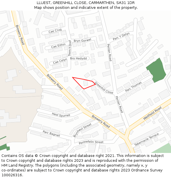 LLUEST, GREENHILL CLOSE, CARMARTHEN, SA31 1DR: Location map and indicative extent of plot