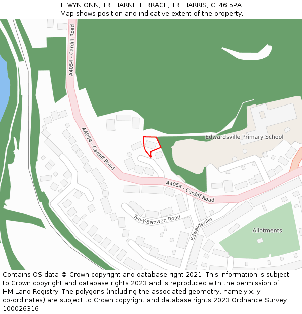 LLWYN ONN, TREHARNE TERRACE, TREHARRIS, CF46 5PA: Location map and indicative extent of plot