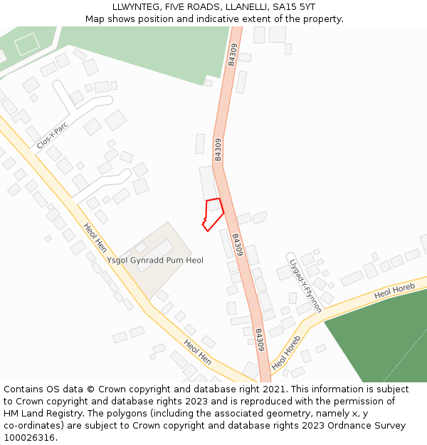 LLWYNTEG, FIVE ROADS, LLANELLI, SA15 5YT: Location map and indicative extent of plot