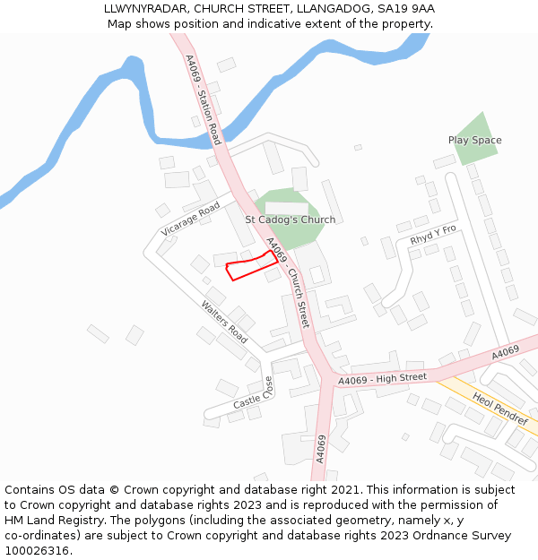 LLWYNYRADAR, CHURCH STREET, LLANGADOG, SA19 9AA: Location map and indicative extent of plot