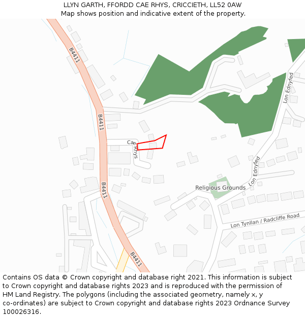 LLYN GARTH, FFORDD CAE RHYS, CRICCIETH, LL52 0AW: Location map and indicative extent of plot