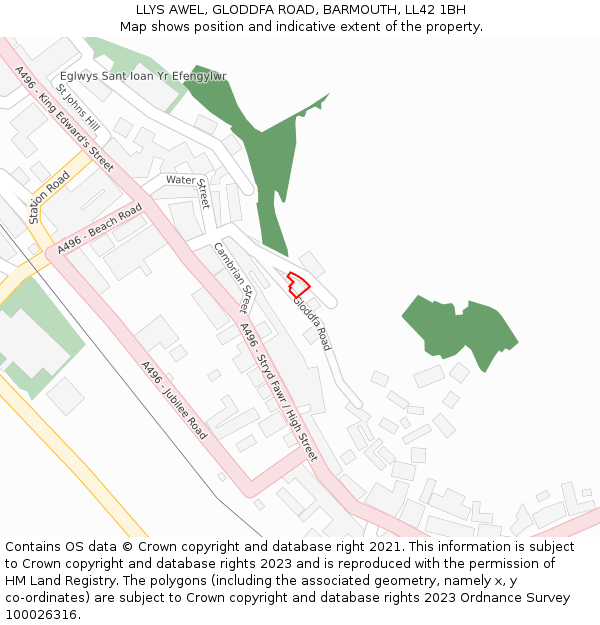 LLYS AWEL, GLODDFA ROAD, BARMOUTH, LL42 1BH: Location map and indicative extent of plot