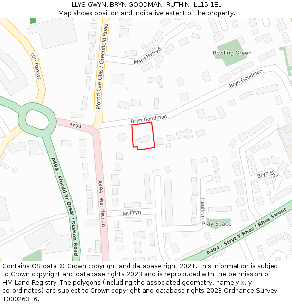 LLYS GWYN, BRYN GOODMAN, RUTHIN, LL15 1EL: Location map and indicative extent of plot