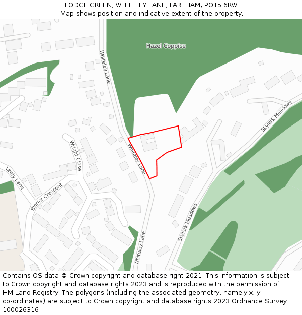 LODGE GREEN, WHITELEY LANE, FAREHAM, PO15 6RW: Location map and indicative extent of plot