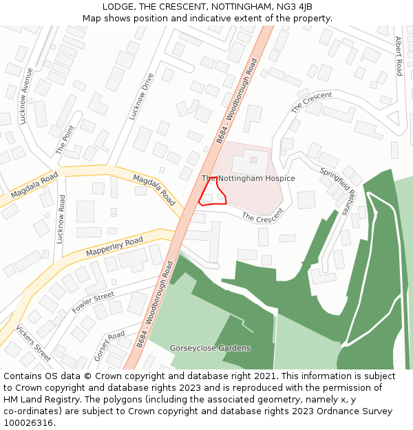 LODGE, THE CRESCENT, NOTTINGHAM, NG3 4JB: Location map and indicative extent of plot