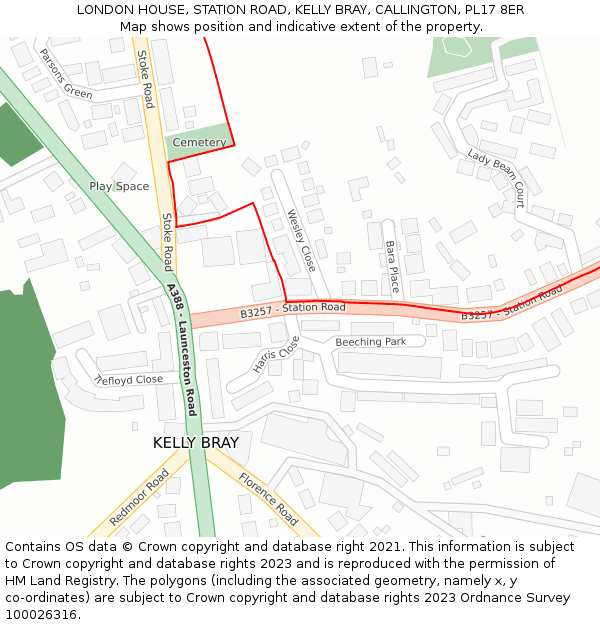 LONDON HOUSE, STATION ROAD, KELLY BRAY, CALLINGTON, PL17 8ER: Location map and indicative extent of plot