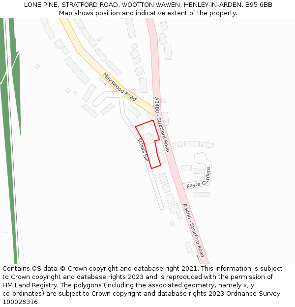 LONE PINE, STRATFORD ROAD, WOOTTON WAWEN, HENLEY-IN-ARDEN, B95 6BB: Location map and indicative extent of plot