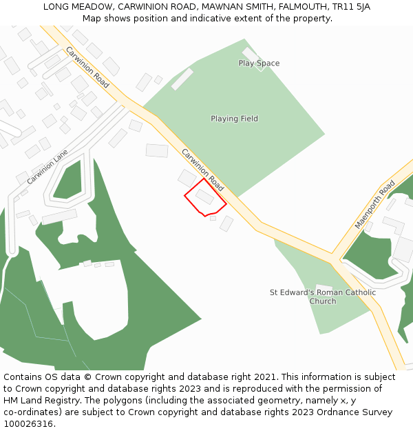 LONG MEADOW, CARWINION ROAD, MAWNAN SMITH, FALMOUTH, TR11 5JA: Location map and indicative extent of plot