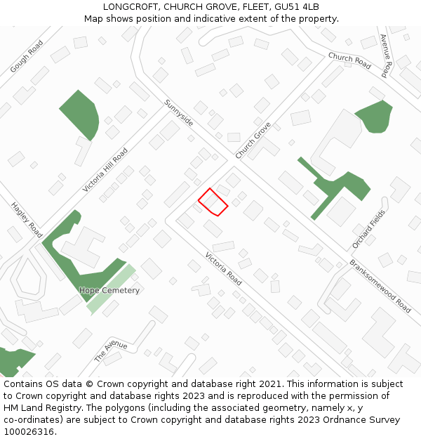 LONGCROFT, CHURCH GROVE, FLEET, GU51 4LB: Location map and indicative extent of plot