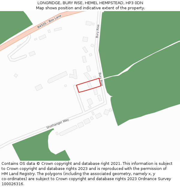 LONGRIDGE, BURY RISE, HEMEL HEMPSTEAD, HP3 0DN: Location map and indicative extent of plot