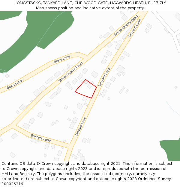 LONGSTACKS, TANYARD LANE, CHELWOOD GATE, HAYWARDS HEATH, RH17 7LY: Location map and indicative extent of plot