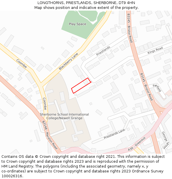 LONGTHORNS, PRIESTLANDS, SHERBORNE, DT9 4HN: Location map and indicative extent of plot