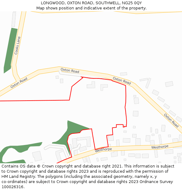 LONGWOOD, OXTON ROAD, SOUTHWELL, NG25 0QY: Location map and indicative extent of plot