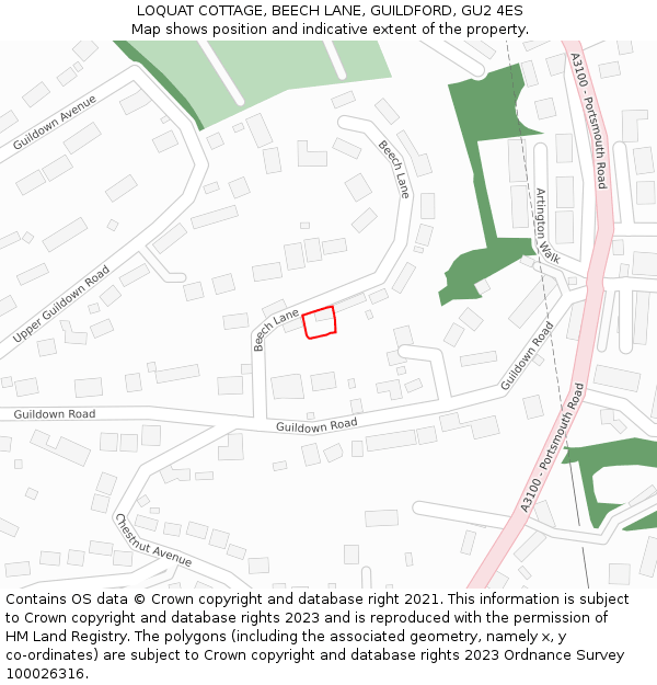 LOQUAT COTTAGE, BEECH LANE, GUILDFORD, GU2 4ES: Location map and indicative extent of plot