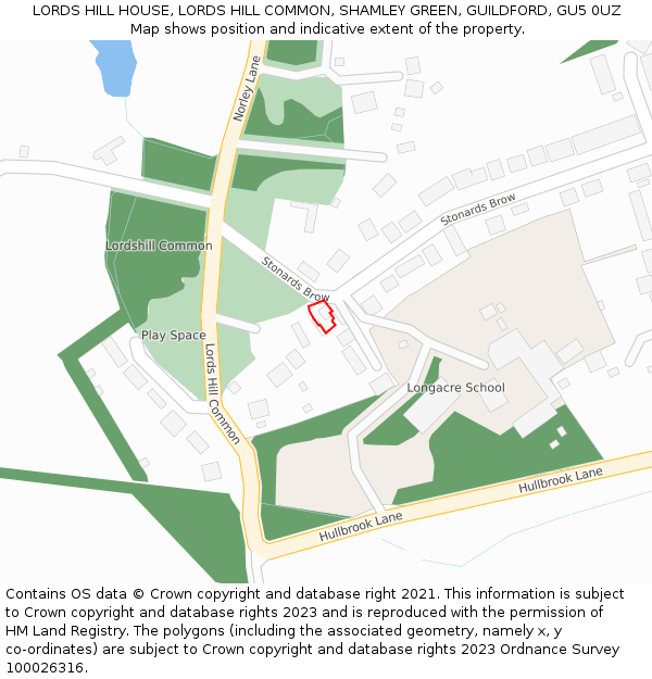 LORDS HILL HOUSE, LORDS HILL COMMON, SHAMLEY GREEN, GUILDFORD, GU5 0UZ: Location map and indicative extent of plot