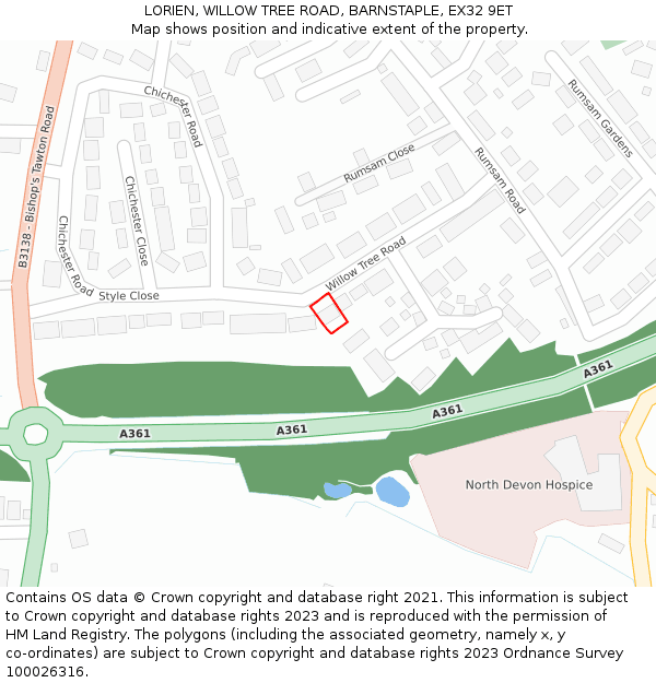 LORIEN, WILLOW TREE ROAD, BARNSTAPLE, EX32 9ET: Location map and indicative extent of plot