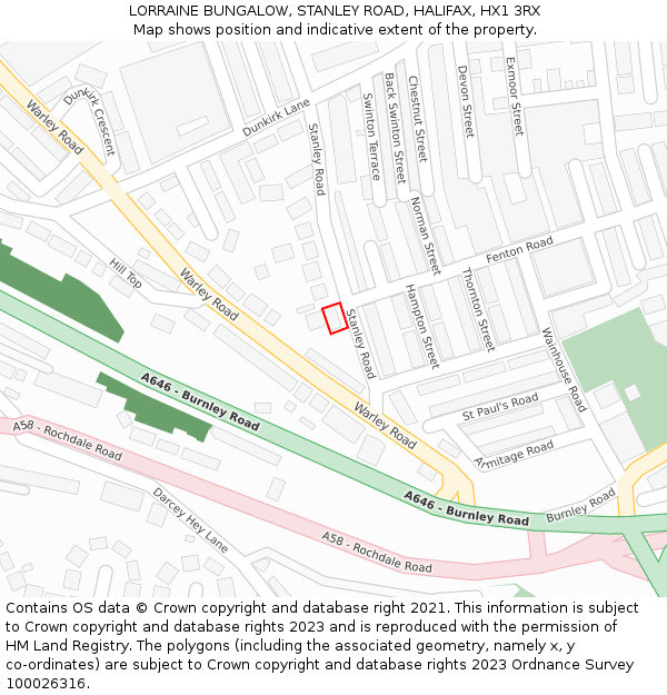 LORRAINE BUNGALOW, STANLEY ROAD, HALIFAX, HX1 3RX: Location map and indicative extent of plot