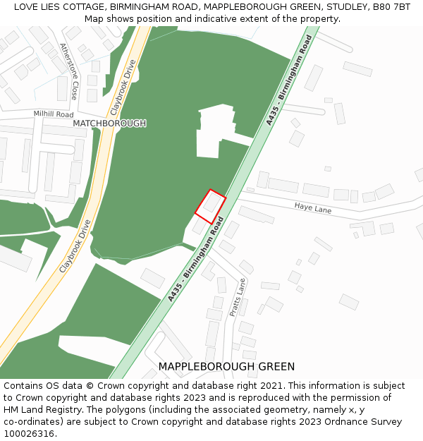 LOVE LIES COTTAGE, BIRMINGHAM ROAD, MAPPLEBOROUGH GREEN, STUDLEY, B80 7BT: Location map and indicative extent of plot