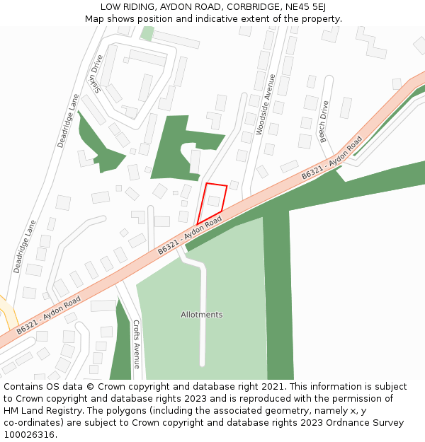 LOW RIDING, AYDON ROAD, CORBRIDGE, NE45 5EJ: Location map and indicative extent of plot