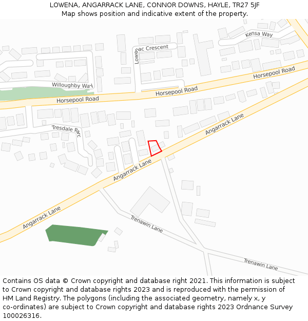 LOWENA, ANGARRACK LANE, CONNOR DOWNS, HAYLE, TR27 5JF: Location map and indicative extent of plot