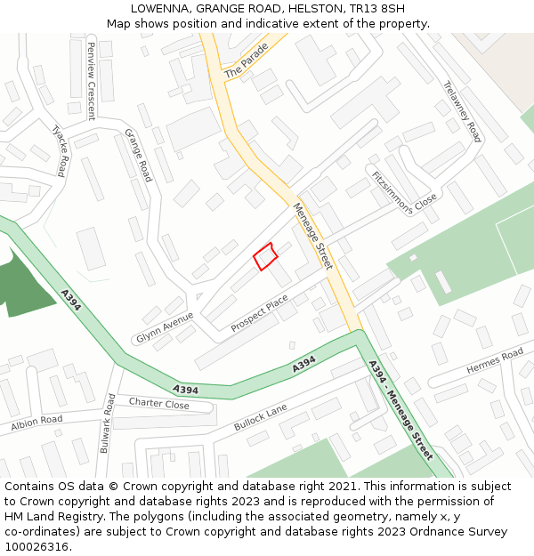 LOWENNA, GRANGE ROAD, HELSTON, TR13 8SH: Location map and indicative extent of plot