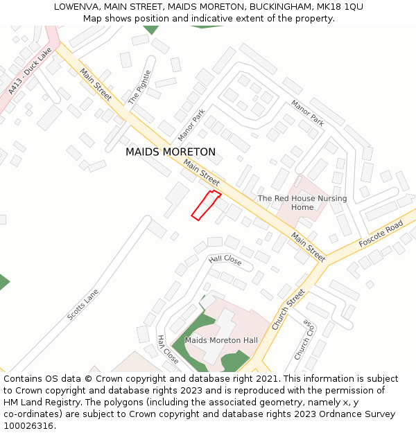 LOWENVA, MAIN STREET, MAIDS MORETON, BUCKINGHAM, MK18 1QU: Location map and indicative extent of plot