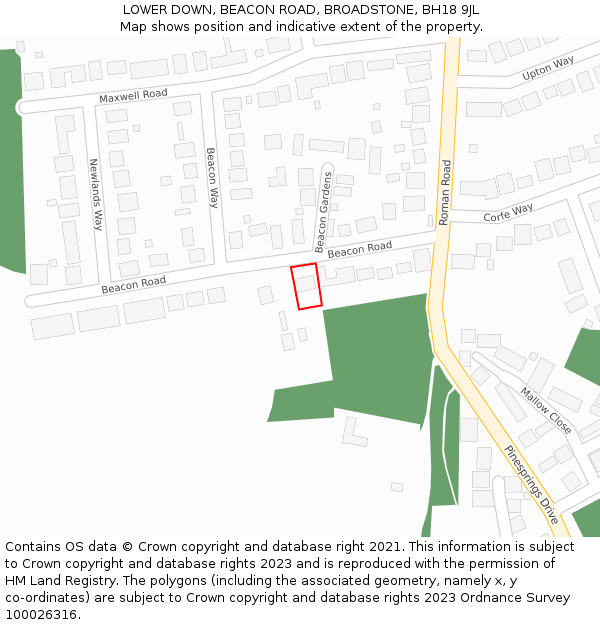 LOWER DOWN, BEACON ROAD, BROADSTONE, BH18 9JL: Location map and indicative extent of plot