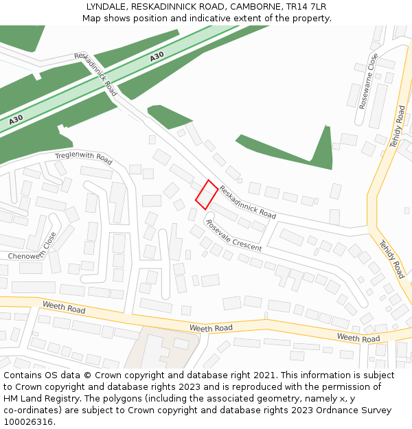 LYNDALE, RESKADINNICK ROAD, CAMBORNE, TR14 7LR: Location map and indicative extent of plot