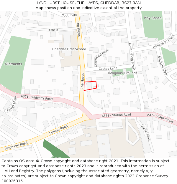LYNDHURST HOUSE, THE HAYES, CHEDDAR, BS27 3AN: Location map and indicative extent of plot