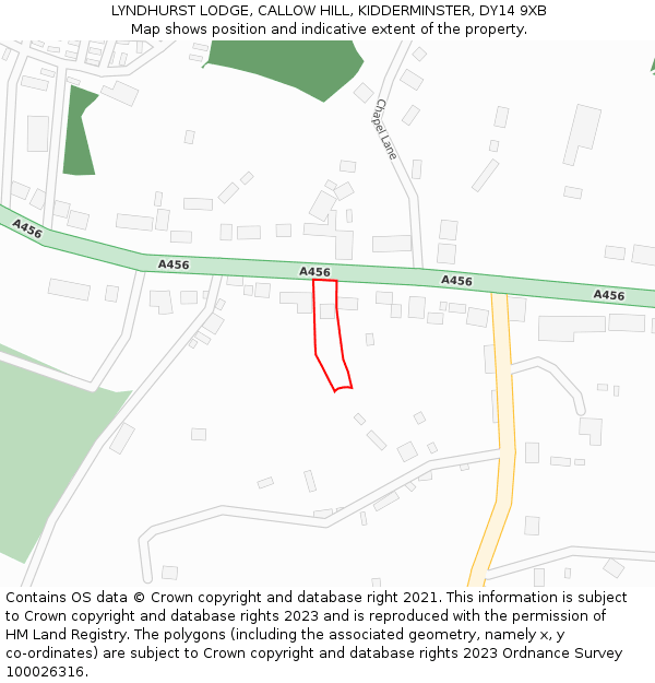 LYNDHURST LODGE, CALLOW HILL, KIDDERMINSTER, DY14 9XB: Location map and indicative extent of plot
